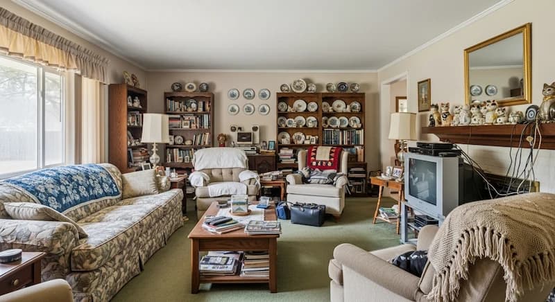 Outdated living room before decluttering