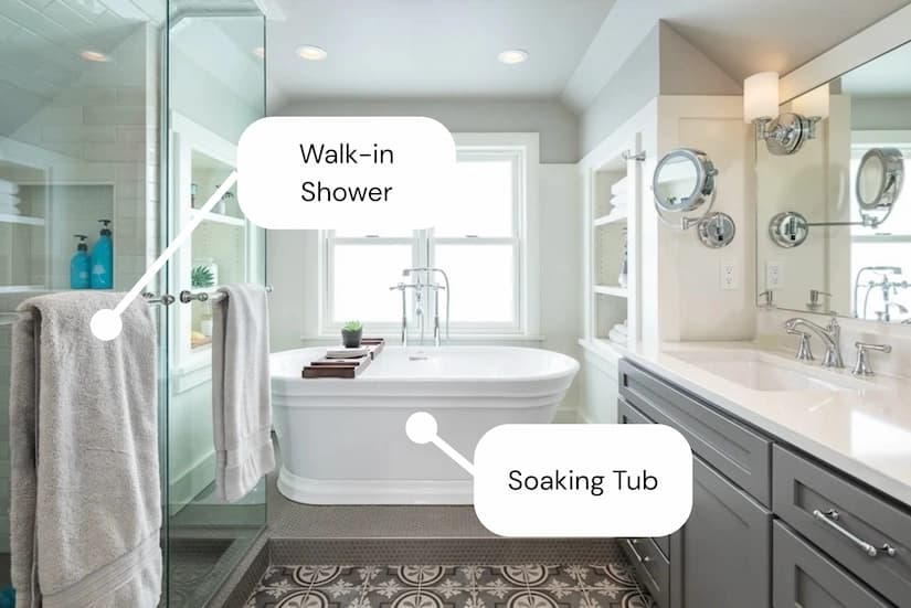 AI detecting bathroom features: dual vanity, rainfall showerhead, marble countertops